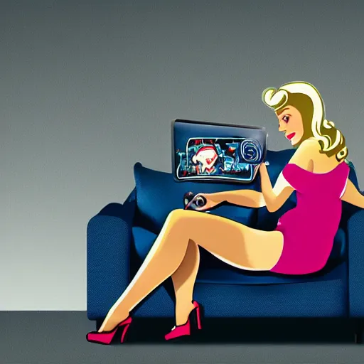 Prompt: a pin up woman playing a videogame, front view, digital art, dark lighting, couch, control, photo