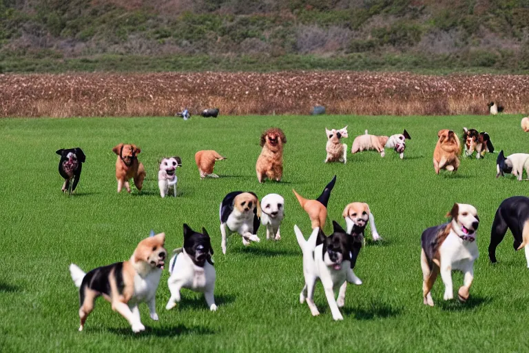 Image similar to a field full of dogs that are running in one direction