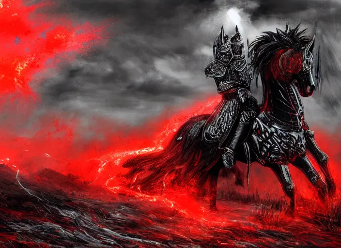 Image similar to a menacing knight in full plate of black armor, splattered with blood, riding a large black war horse, with red glowing eyes flowing red mane and tail, blackened clouds cover sky, crackling with lightning, a castle in distance burns, the ground is wet and cracked, d & d, fantasy, highly detailed, digital art, illustration,