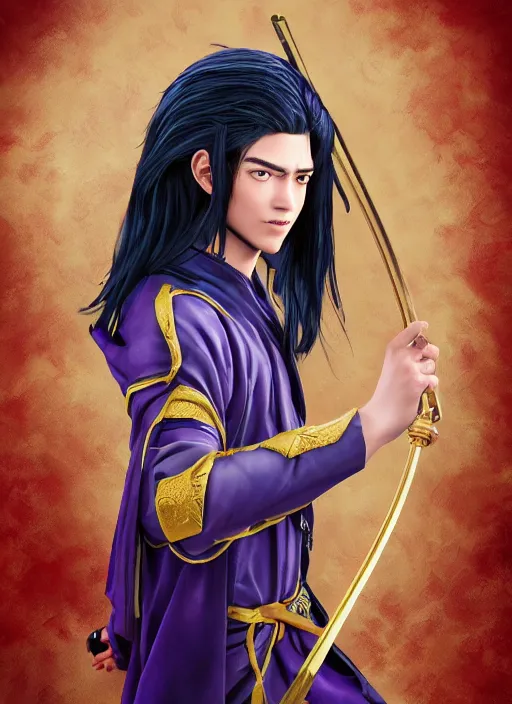 Image similar to An epic fantasy comic book style portrait painting of young man with straight indigo hair, purple eyes with red eye markers, slim body, wearing a detailed Japanese kimono with golden armor pieces, holding a japanese fan. Unreal 5, DAZ, hyperrealistic, octane render, cosplay, RPG portrait, dynamic lighting