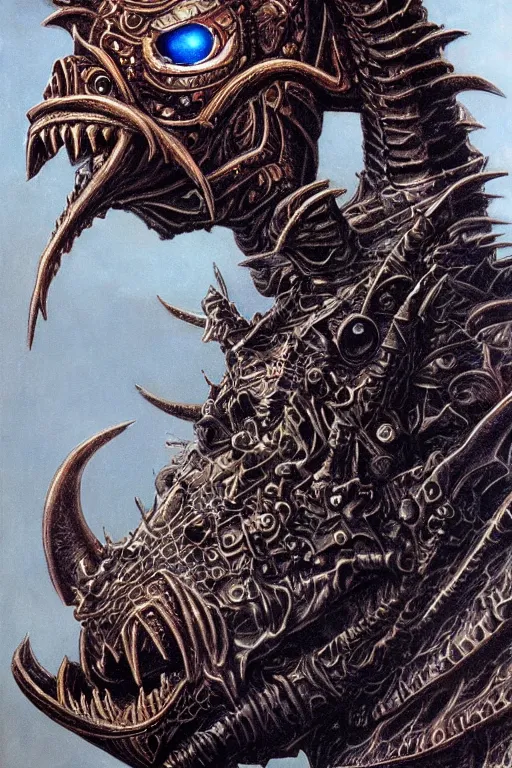 Prompt: sideview waist up portrait of anglerfish wear baphomet armor made with porcelain by jeff easley and peter elson, beautiful eyes and face, symmetry face, galaxy, gothic, surreal, dread, highly detailed, intricate complexity, epic composition, magical atmosphere, masterpiece, award winning, trending on artstation