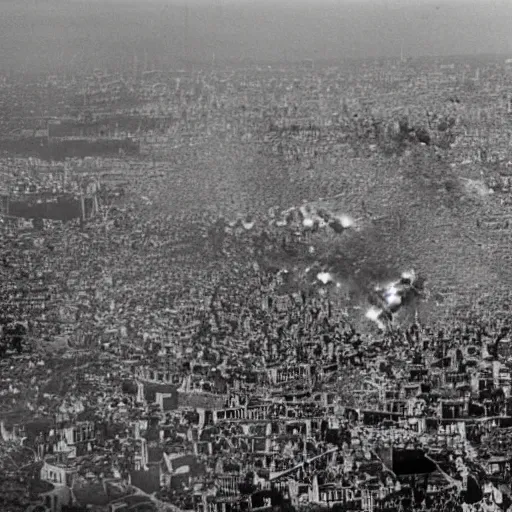 Image similar to aerial photo of one million people fighting against military in a large city, explosions can be seen, war