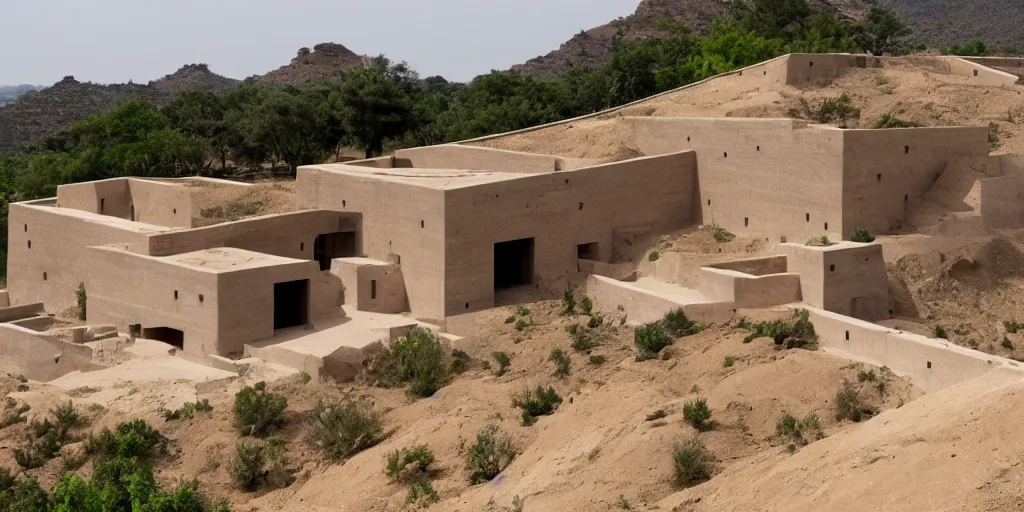 Prompt: rammed earth, ancient egyptian fortress atop a jungle hill