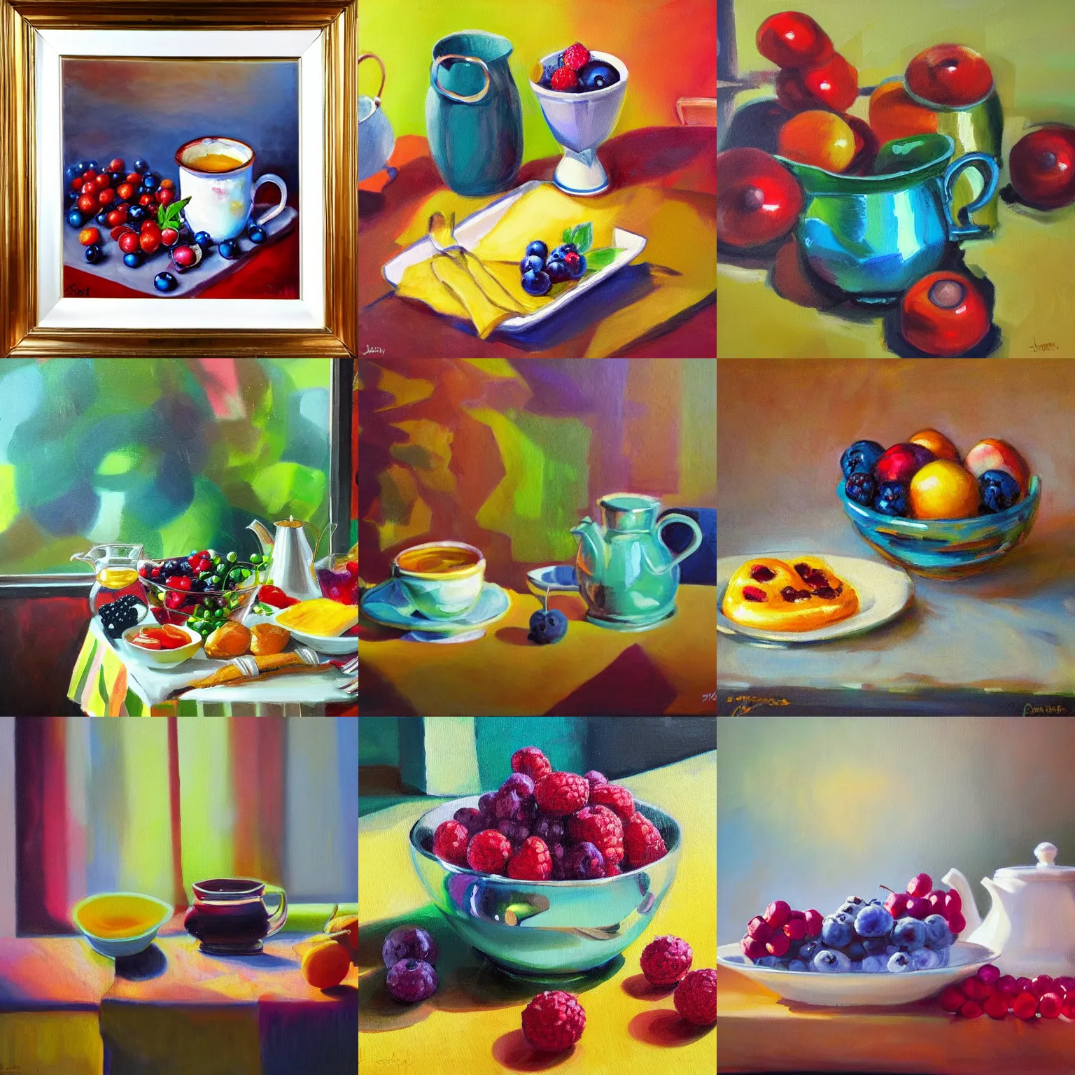 Prompt: breakfast with shiny berries and a big tea, oil painting, glassware, thick strokes, vibrant, colorful, bright, reflections, sunlit, sharp, subsurface scattering, sharp edges, hazy, field of view