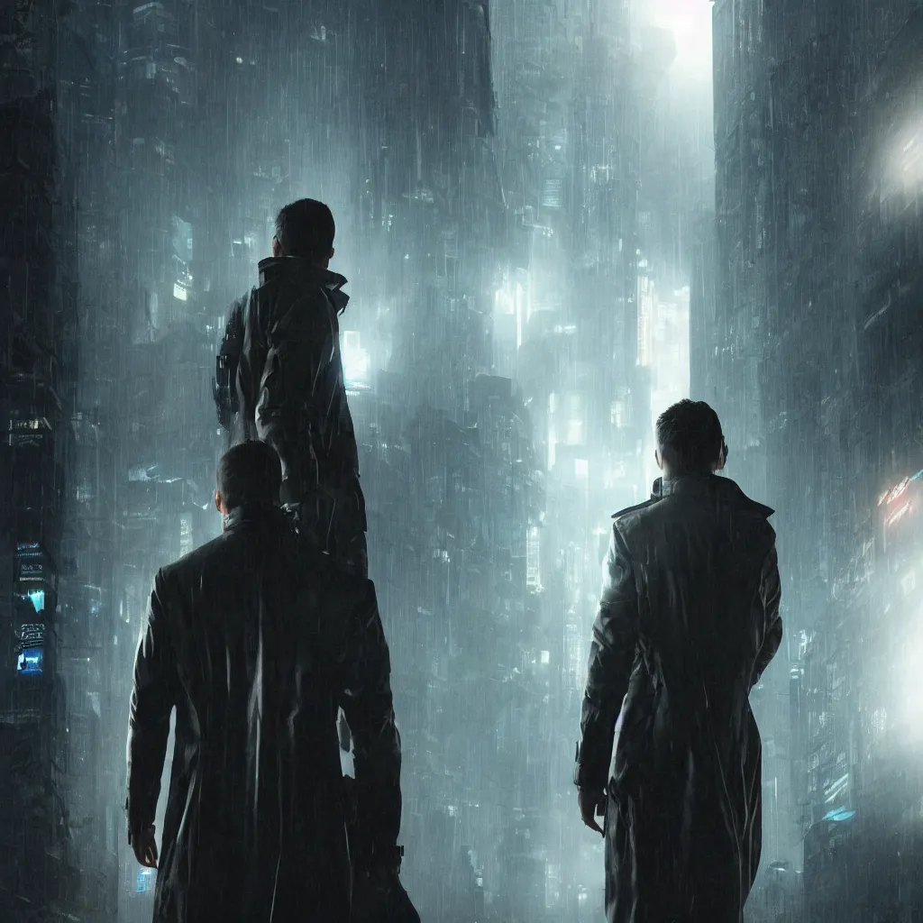 Prompt: Movie poster, cyberpunk, futuristic, technology, detective in trench coat looking away from the camera, cinematic lighting, depth of field, highly detailed, volumetric fog, dark, moody, gritty