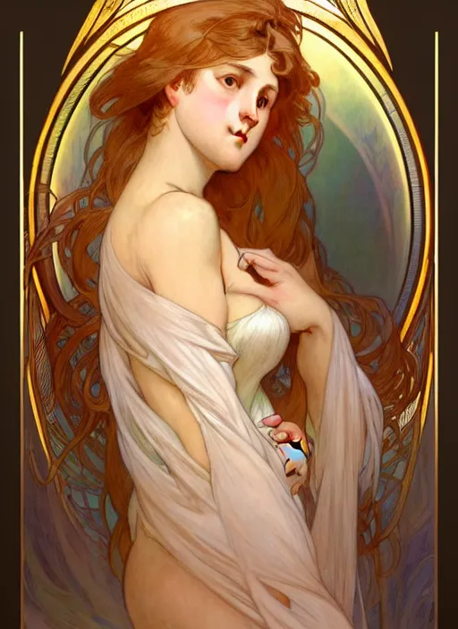 Prompt: digital character concept art by artgerm and gaston bussiere and alphonse mucha. clear portrait of a shy modern wife blessed by god to grow immaculately attractive and perfect!! blonde, in clothes! gifted holy body! light effect. hyper detailed, glowing lights!! intricate, elegant, fertility, digital painting, artstation, smooth, sharp focus