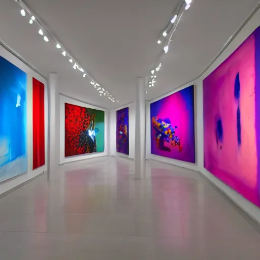 Prompt: interior view of modern futuristic art gallery detailed luminescent oil painting 4 k