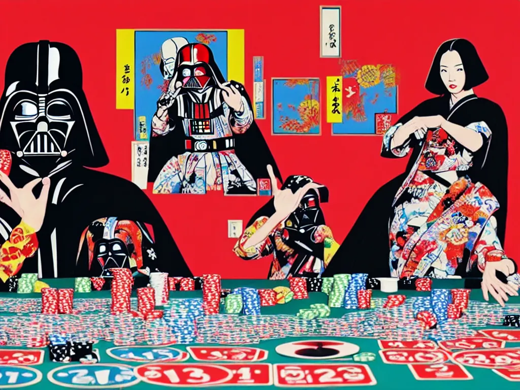 Image similar to hyper - realistic composition of a room with an extremely detailed poker table, woman in traditional japanese kimono standing nearby, darth vader sitting at the table, fireworks in the background, pop art style, jackie tsai style, andy warhol style, acrylic on canvas