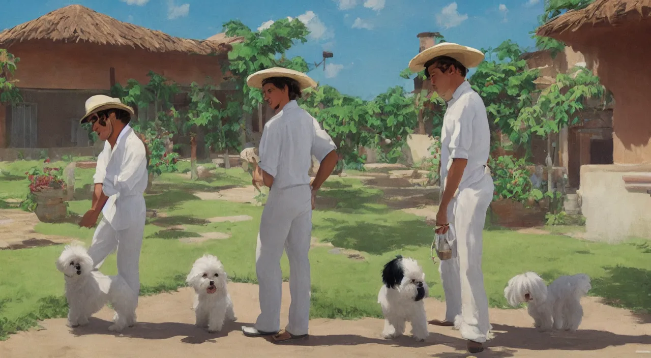 Image similar to a young man wearing a canotier cuban hat, crisp white linen shirt and slacks, leather boots, speaking to a large cream - colored havanese dog, outside a hacienda in cuba, 1 9 0 0, tartakovsky, atey ghailan, goro fujita, studio ghibli, rim light, mid morning lighting, clear focus, very coherent