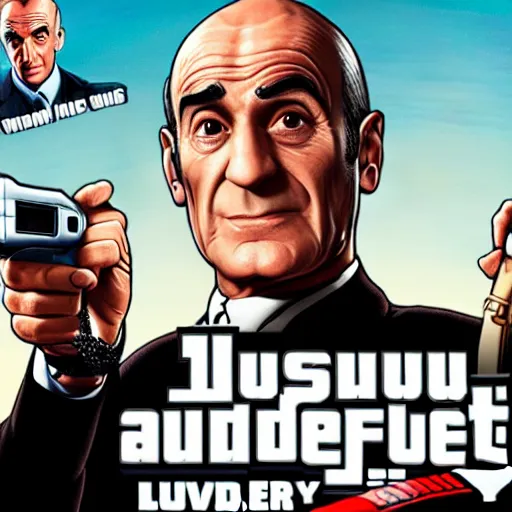 Prompt: Louis de Funès in GTA V cover art