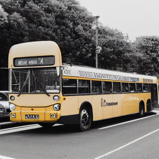 Prompt: A bus in a town covered with pale yellow mist. Dystopian. End of the world. Film grain. Documentary photo. Sigma 40mm f/1.4 DG HSM