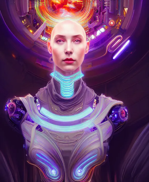 Image similar to a whirlwind of souls rushing inside the metaverse, hologram, half body, neurochip, shaved temple, piercing, jewelry, android, cyborg, cyberpunk face, by loish, d & d, fantasy, intricate, elegant, highly detailed, colorful, digital painting, artstation, concept art, art by artgerm and greg rutkowski and alphonse mucha