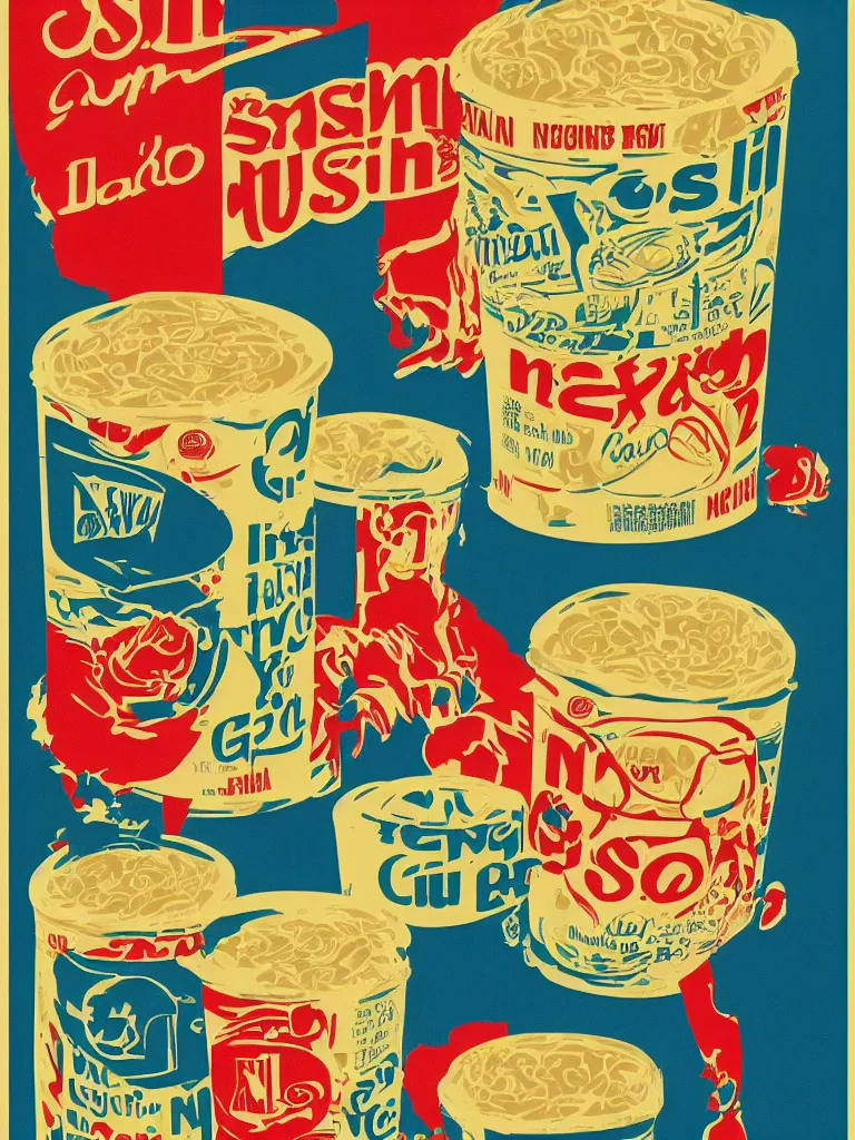 Prompt: vintage italian graphic design poster, nissin cup noodles, stylish, colorful, visual communications