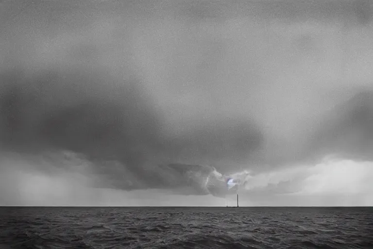Prompt: high key lighting, ighting storm, danila tkachenko, photograph of an abandonet soviet building bloc in the middle of the ocean,