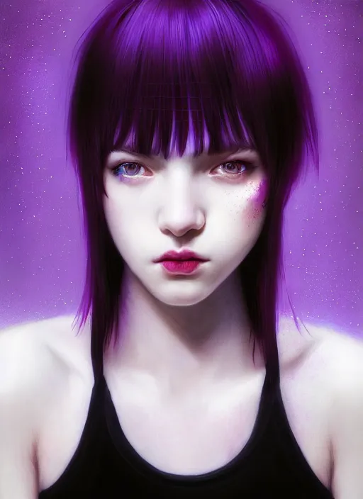 Image similar to portrait of teenage girl, red irises, bangs, black and white hair, white bangs, purple clothes, white bangs, two color hair, black hair and white bangs, intricate, elegant, glowing lights, highly detailed, digital painting, artstation, concept art, smooth, sharp focus, illustration, art by wlop, mars ravelo and greg rutkowski