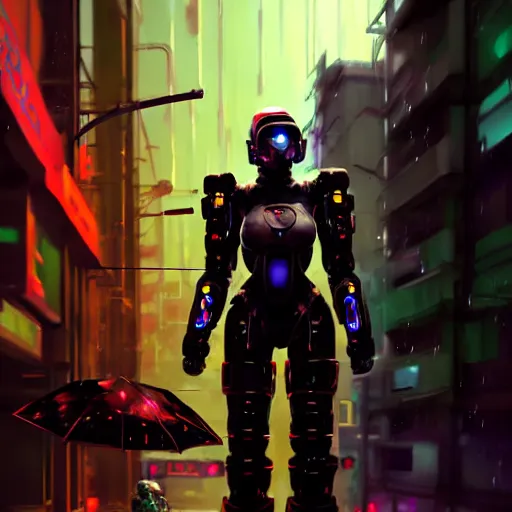 Image similar to An epic comic hyperrealistic painting of a cyber warrior girl wearing mecha cyber suit, attractive, painted by craig mullins, cyberpunk style color, heavy rainning at tokyo street night, neon lights all around, Matte painting, smoke, cinematic lighting, corona render, arnold render, movie concept art, 8k, RPG portrait, Concept world, rim lights, phtotrealistic, hdri