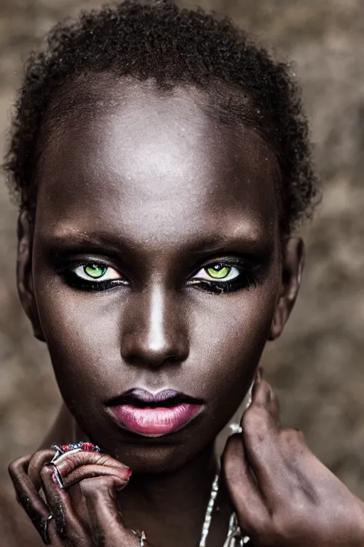 Image similar to elha saresi, eyes of a demon, ancient african androgynous vampire