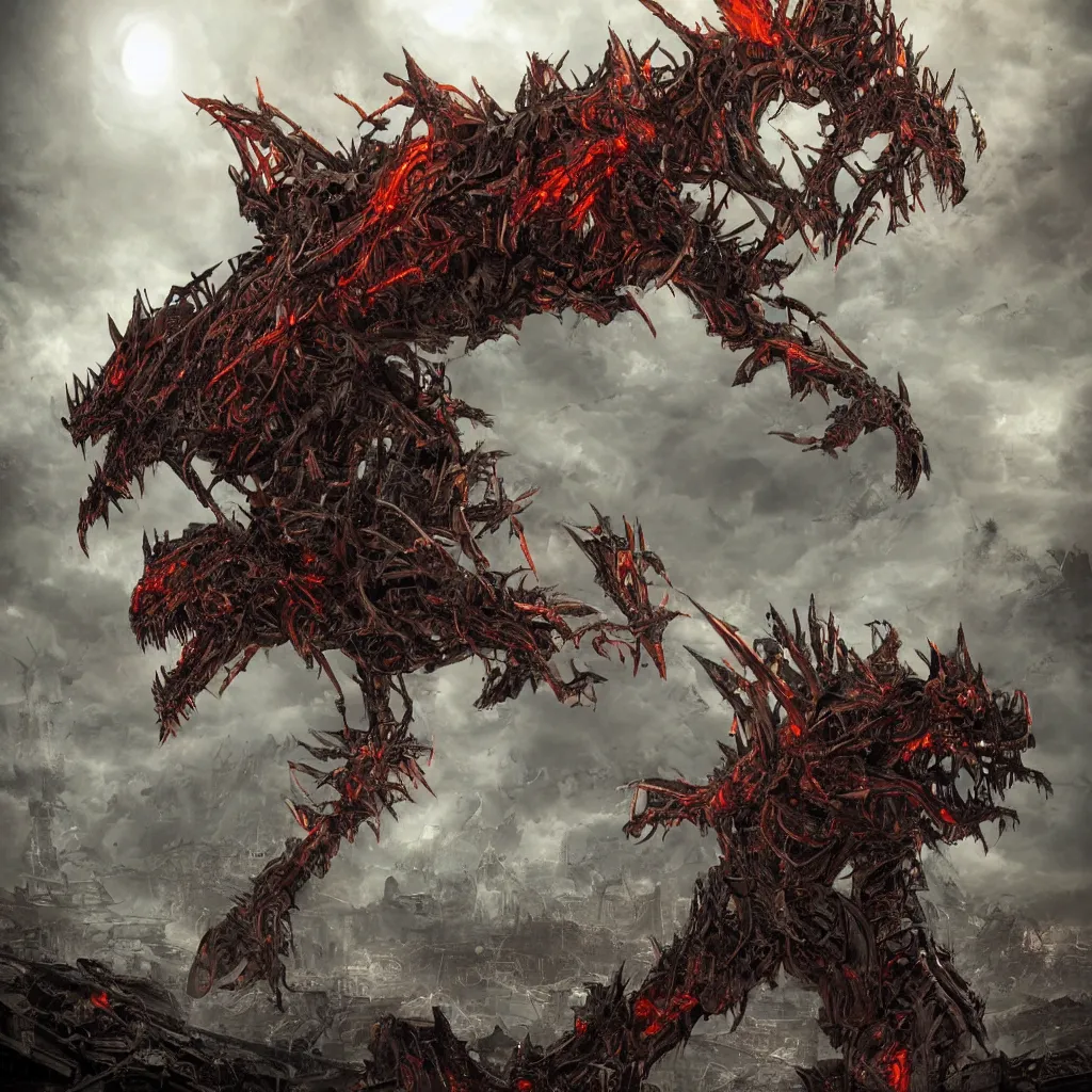 Prompt: high quality art of a mechanized dragon in an apocalyptic future, made of plates and armor throughout the body, having 4 limbs and 4 talons on each foot, and glowing fiery red eyes, climbing over a destroyed building in a hazy radioactive atmosphere, roaring with an epic pose into the air as the building crumbles under the weight, showing lots of sharp teeth. furaffinity, deviantart, artstation, high quality