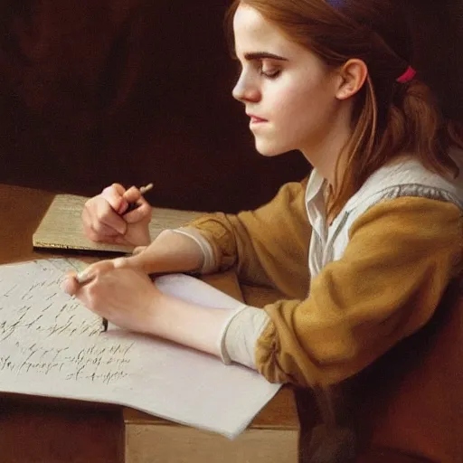 Image similar to Painting of Emma Watson as Hermione Granger as A Girl Writing; The Pet Goldfinch, art by Henriette Browne, extremely detailed, 4K