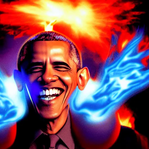 Prompt: Obama is buffed has a blue realistic VFX fire engulfing his hand, Obama is smiling and running towards the viewer, 40nm lens, 4k,