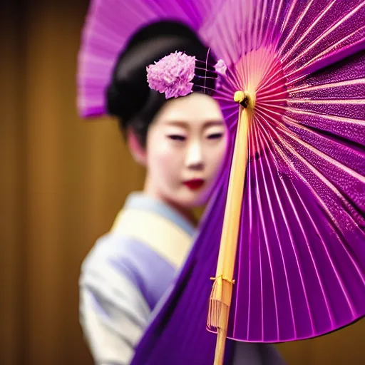 Prompt: Japanese geisha with beautiful violet paper fan, 4k photography, 30 mm lens, cinematic light, warm atmosphere, in style of Kar Wai Wong, fine dust
