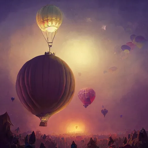 Prompt: a beautiful stunning fantasy whimsical matte digital illustration of a hot - air balloon race at night by marc simonetti and anato finnstark, disney steampunk, chiaroscuro magical bokeh moon stars, trending on artstation hq, masterpiece