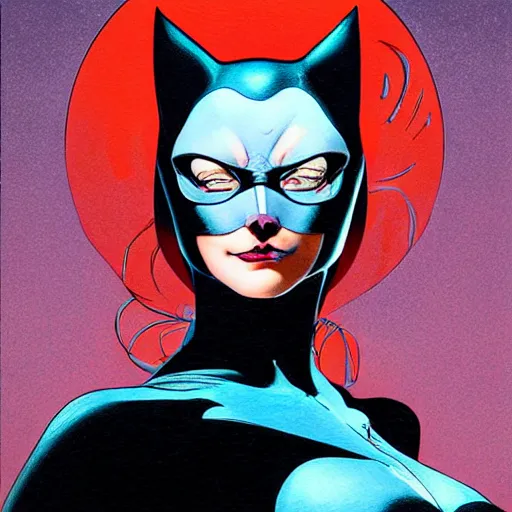 Image similar to prompt : portrait of cat women from batman soft light painted by james jean and katsuhiro otomo and erik jones, inspired by akira anime, smooth face feature, intricate oil painting, high detail illustration, sharp high detail, manga and anime 1 9 9 9