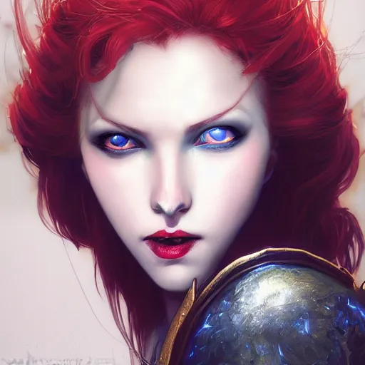 Image similar to redhead vampire sorceress, perfect face viewed in profile, bright glowing blue and silver eyes, gold shirt, cinematic, floating ash, stunning, highly detailed, artstation, smooth, hard focus, concept art, art by artgerm and greg rutkowski and alphonse mucha, volumetric lighting, octane render, 4 k resolution, trending on artstation, masterpiece