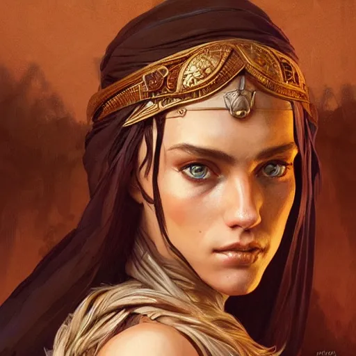 Prompt: Portrait of bedouin D&D, amber eyes, face, muscular, fantasy, intricate, elegant, highly detailed, digital painting, artstation, concept art, smooth, sharp focus, illustration, art by artgerm and greg rutkowski and alphonse mucha