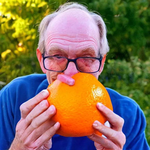 Prompt: photograph of hugh hopper on a street corner eating an orange holding a pepsi