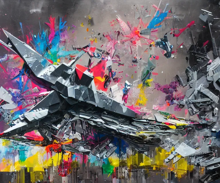 Prompt: acrylic and spraypaint action portrait of giant origami star destroyer battle, exploded parts assembly, explosions, graffiti wildstyle, large brush strokes, painting, paint drips, acrylic, clear shapes, spraypaint, smeared flowers, large triangular shapes, painting by totem 2, jeremy mann, ashley wood, masterpiece