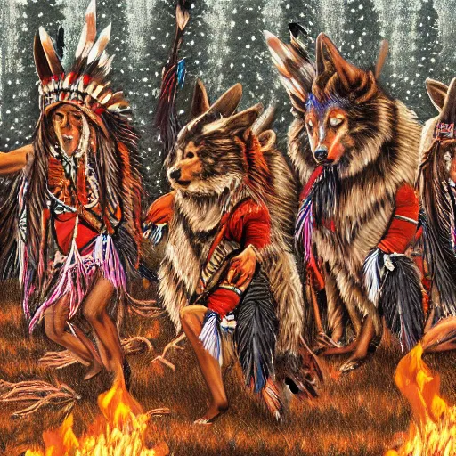 Image similar to Native american dancing around a fire with wolves, hd, intricate, 8k, digital art