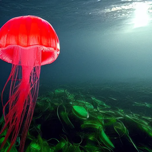 Prompt: a beautiful translucent red cellophane jellyfish in a translucent cellophane kelp forest