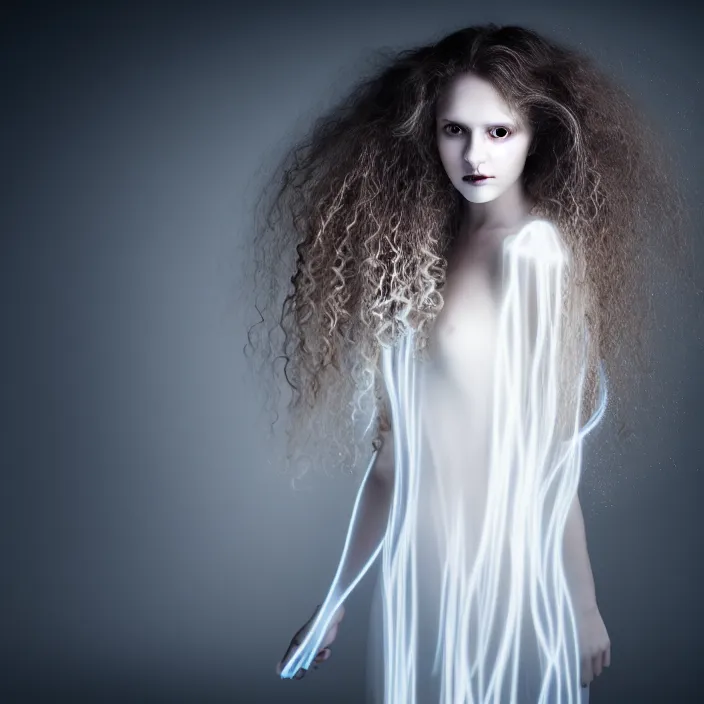 Image similar to simulated photography of a young woman with long curly hair, dressed in long white, light painting in style of Paolo Roversi, professional studio lighting, dark background, hyper realistic photography, fashion magazine style