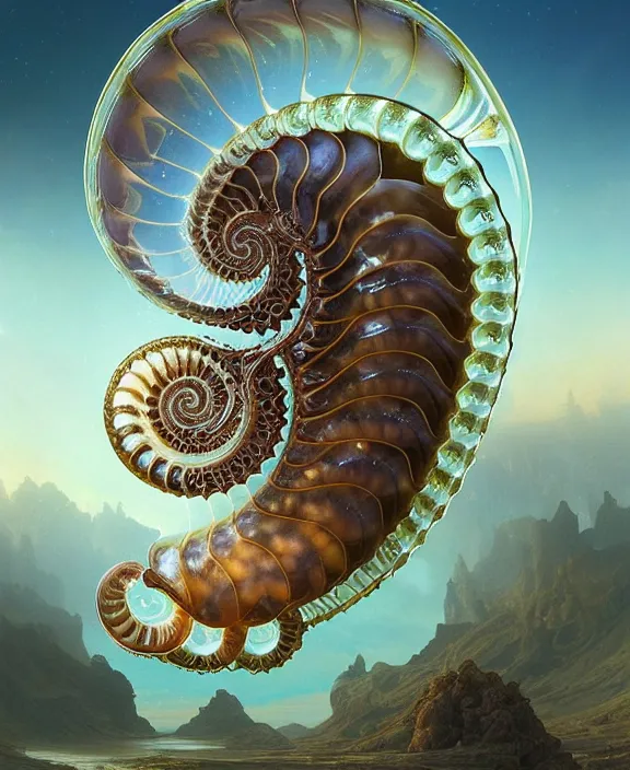 Image similar to intricate ornate opulent transparent clear see - through portrait of a horrific beautiful alien nautilus, mottled coloring, adorable, childlike, pastoral environment, ultra realistic, concept art, art nouveau, photorealistic, octane render, 8 k, unreal engine. art by christopher marley and artgerm and greg rutkowski and alphonse mucha