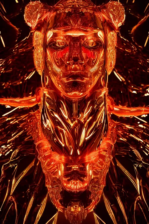 Image similar to hyper detailed ultra sharp portrait of baroque and bladerunner delicate neon ruby sculpture of seductive albino primce royce tigers orange iridescent humanoid deity wearing metallic hoody made out of leaves holding the sun prismatic dungeon, glowing rainbow face, crown of white diamonds, cinematic lighting, photorealistic, octane render 8 k depth of field 3 d