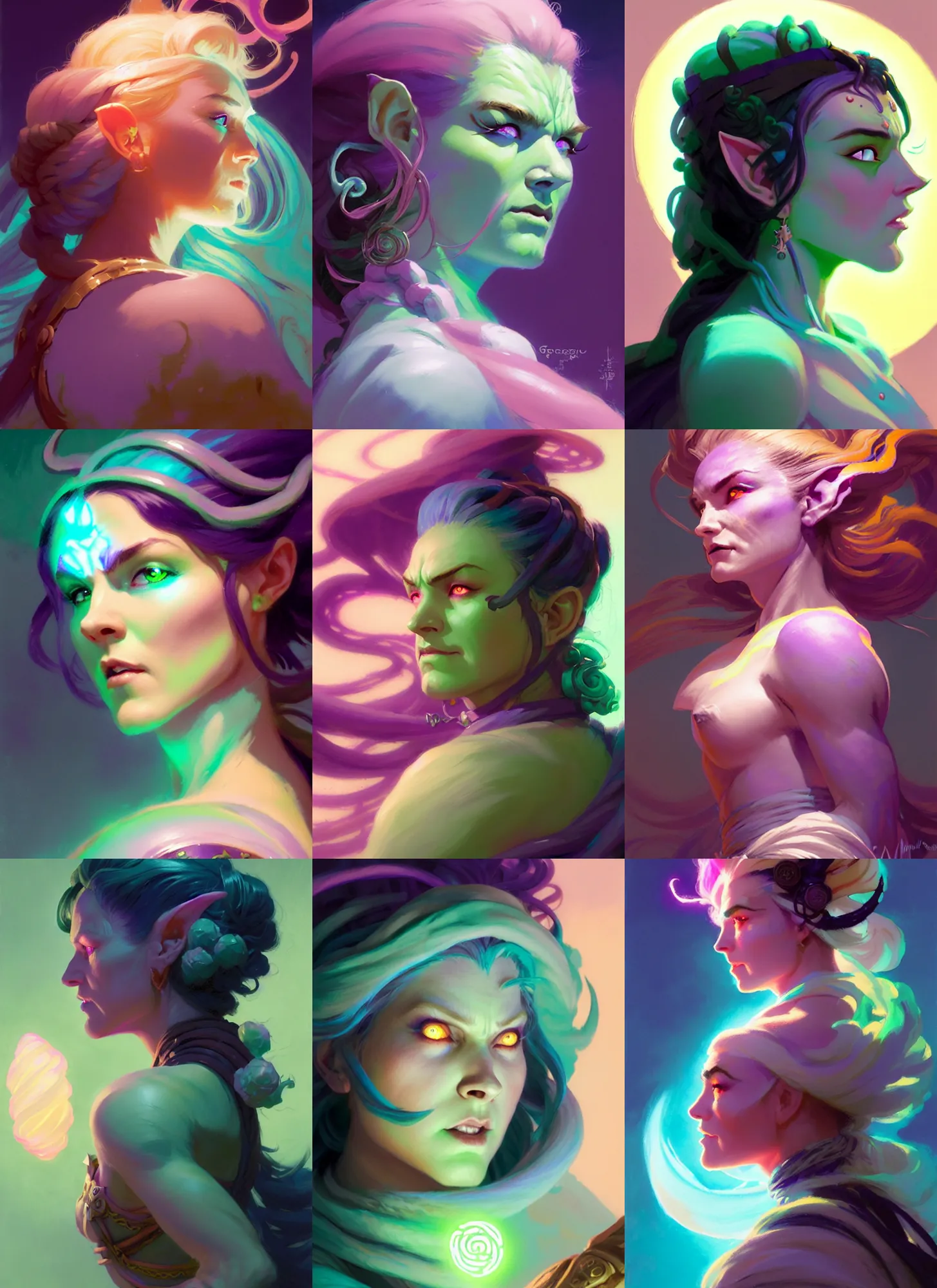 Prompt: side portrait, female half - orc druid, gloomhaven, luminescent, colorful swirly magic ripples, pastel colors, by greg manchess, huang guangjian, gil elvgren, sachin teng, greg rutkowski, jesper ejsing, ilya kuvshinov