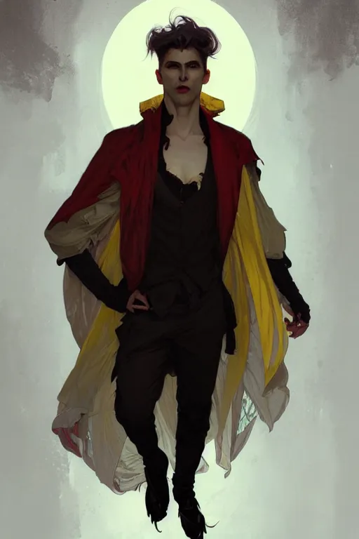 Image similar to portrait of a beautiful young fit male vampire with curly white hairs and yellow eyes, dressed with urban clothes, by greg rutkowski and alphonse mucha, d & d character, gradient white to red, modern nocturnal background, highly detailed portrait, digital painting, artstation, concept art, smooth, sharp focus ilustration, artstation hq