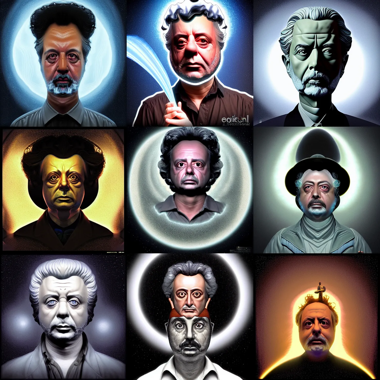 Prompt: a beautiful and intricate digital art of giorgio tsoukalos poorly disguised as an extra - terrestrial in the style of george lucas and william blake, escher, detailed, cinematic, studio lighting, magic realism, artstationhq, unreal engine 5, volumetric fog, volumetric light