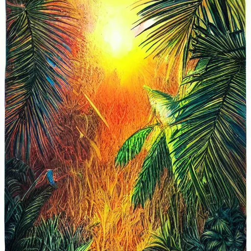 Image similar to sunset tropical forest, sparkling spirits, detailed wide shot, crayon, ground detailed, wet eyes reflecting into eyes reflecting into infinity, beautiful lighting