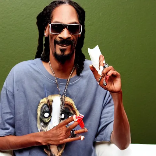 Image similar to Snoop Dog with big eyes eye color red , smiling and holding a joint in his hand