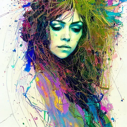 Prompt: a beautiful painting, portrait of ramona flowers by carne griffiths