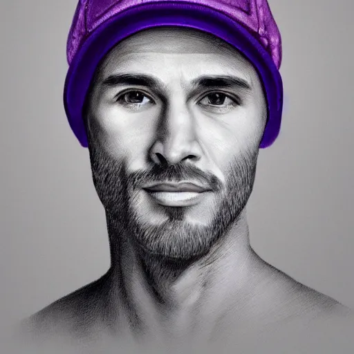 Prompt: a detailed portrait of a man wearing a purple cap art illustration, incredibly highly detailed and realistic, 8 k, sharp focus