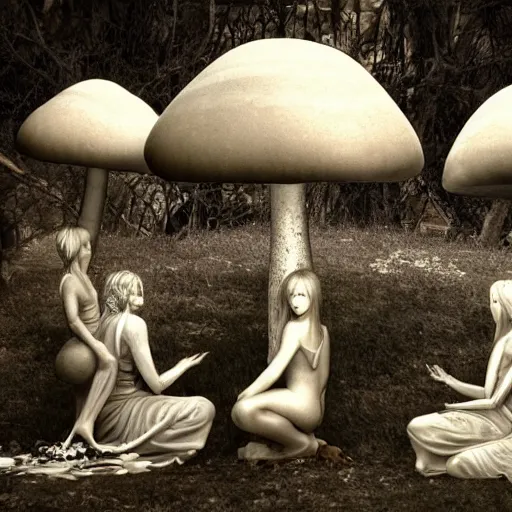 Image similar to mushroom goddess with group of elders, discussing the new season of friends, cynical realism, hiroya oku painterly, yoshitaka amano, chris cunningham, black and white, beautiful lighting, 3 d render, 8 k