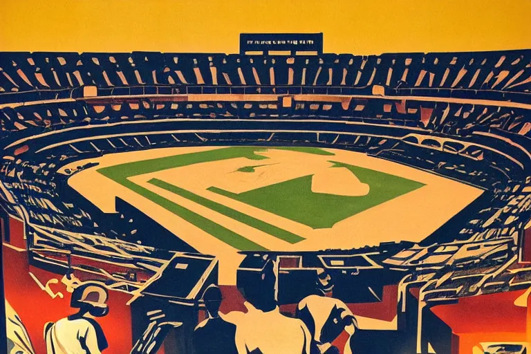 Image similar to art deco era poster for baseball in the Colosseum by Ed Ruscha.