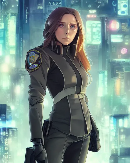 Prompt: anime key visual of elizabeth olsen police officer, cyberpunk, futuristic, perfect eyes, stunning features, perfect face!!, high details, digital painting, artstation, smooth face, soft focus, illustration, art by artgerm and greg rutkowski and alphonse mucha