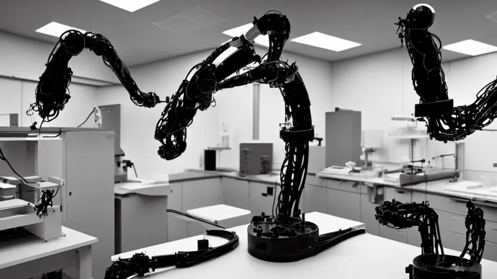 Prompt: a complex bifurcated robotic cnc surgical arm hybrid mri 3 d printer machine making black and white ceramic mutant forms in the laboratory inspection room, film still from the movie directed by denis villeneuve with art direction by salvador dali, wide lens
