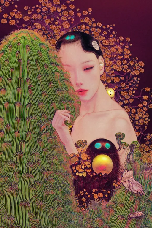 Image similar to creature animal sushi cristal very big eye roots cactus elemental flush of force nature micro world fluo fishscale, illustration, art by ilya kuvshinov and gustav klimt