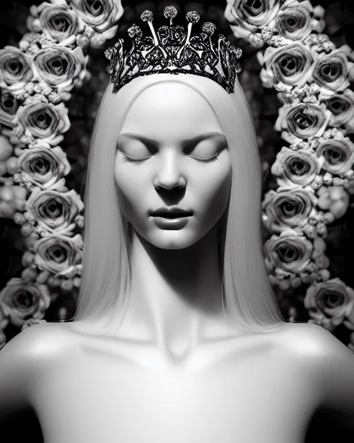 Image similar to mythical dreamy black and white profile face portrait of translucent beautiful female angelic - human - queen - vegetal - cyborg, highly detailed, intricate crystal ivy jelly ornate, poetic, translucent roses ornate, 3 d render, digital art, octane render, 8 k artistic photography, photo - realistic, by dora maar