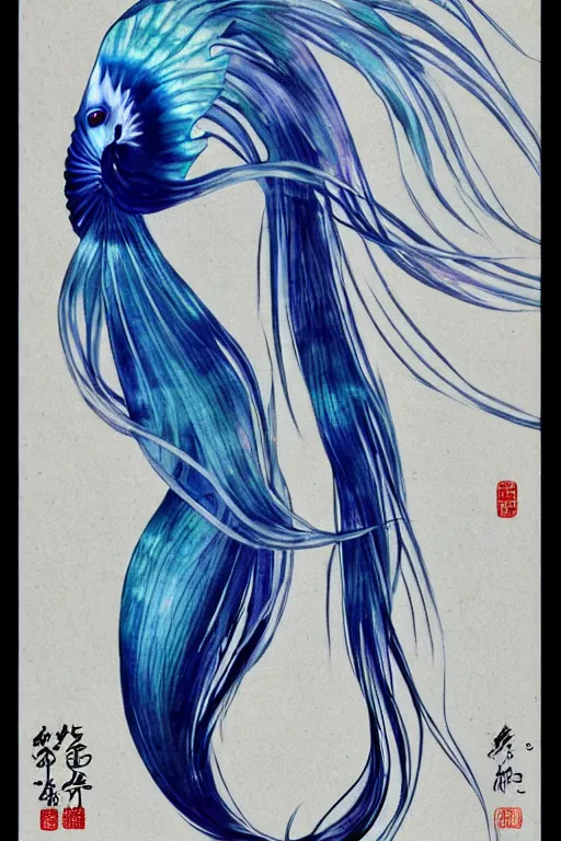 Image similar to a graceful iridescent white betta fish with long swirling fins, black-water-background, traditional Chinese painting, artstation